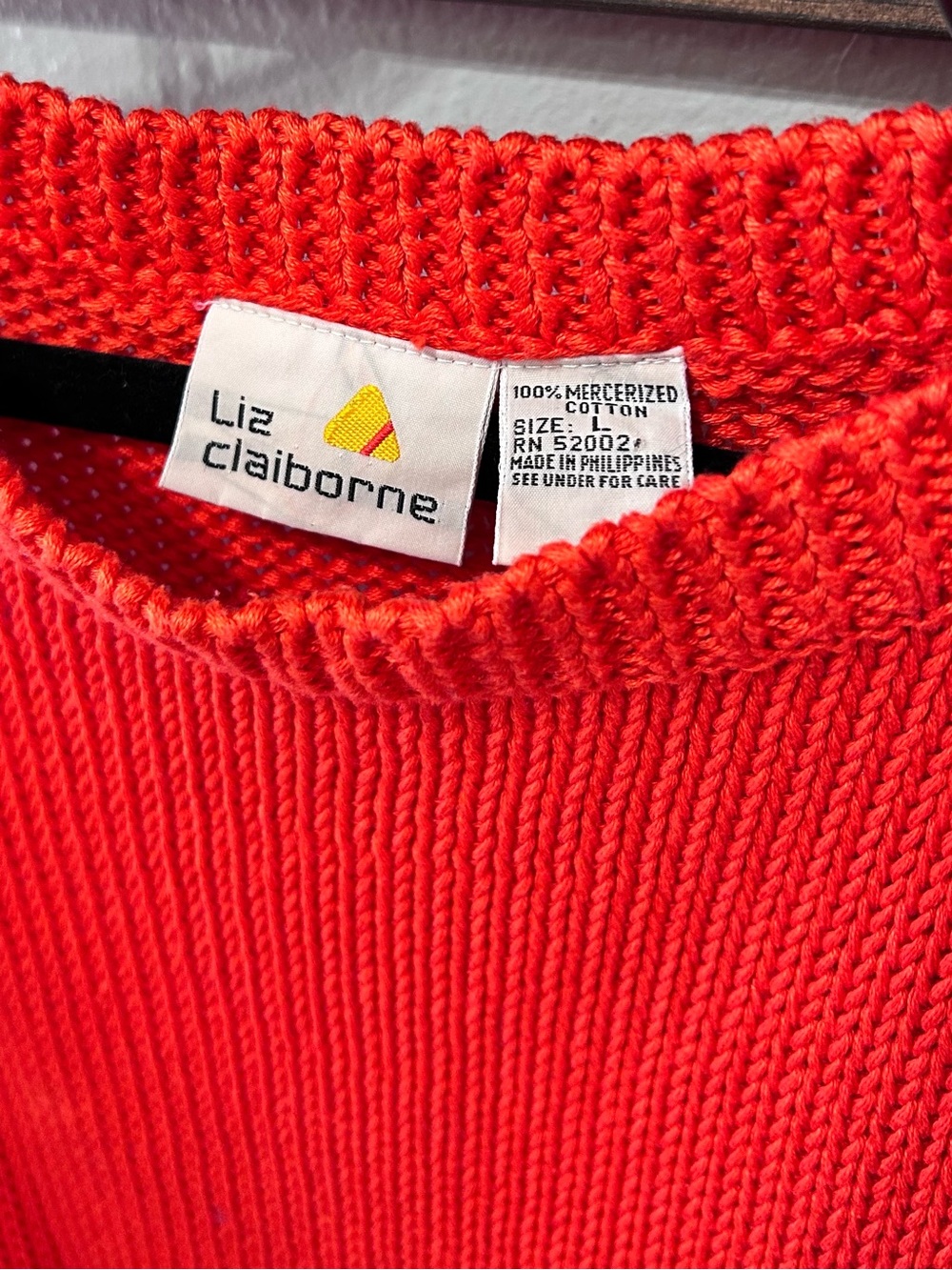 Vintage Liz Claiborne Cotton Poppy Red Chunky Knit Sweater Vest Stripe Waistband - Picture 3 of 4